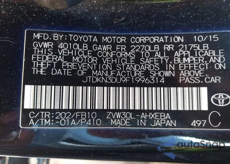2015 Toyota Prius Two from USA, damaged, VIN JTDKN3DU9F1996314